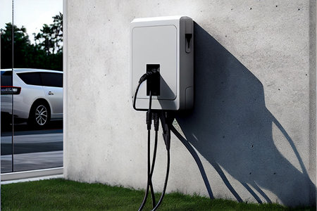 New charging station for electric car on wall at home, charging pillar with copy space, ai...