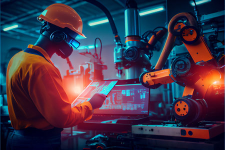 Industry 4.0 Robot concept .Engineers use tablet computer for machine maintenance, automation tools,...