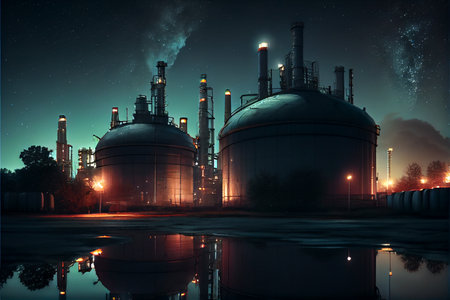 Pipes, oil storage tanks, pipelines of a petrochemical plant at night. Ai generative