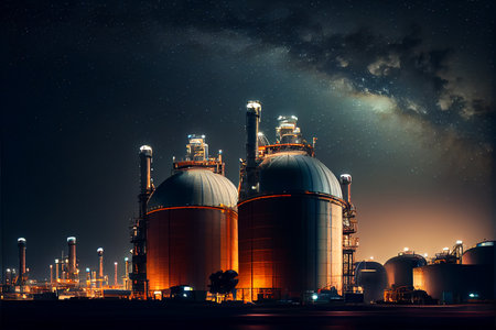 Pipes, oil storage tanks, pipelines of a petrochemical plant at night. Ai generativeの写真素材