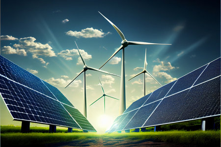 Solar panels wind turbines installed as renewable energy sources for electricity and power supply....