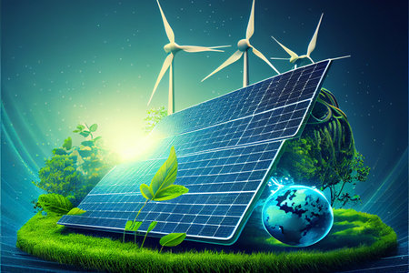 Solar panels wind turbines installed as renewable energy sources for electricity and power supply....