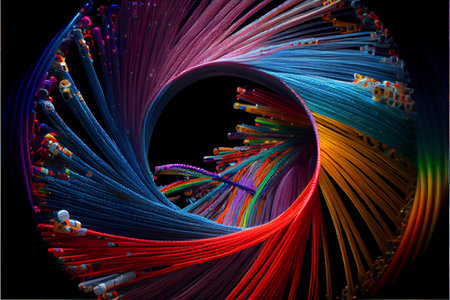 Fiber optics lights abstract background. luminous multi-colored fibers. Ai generative image.
