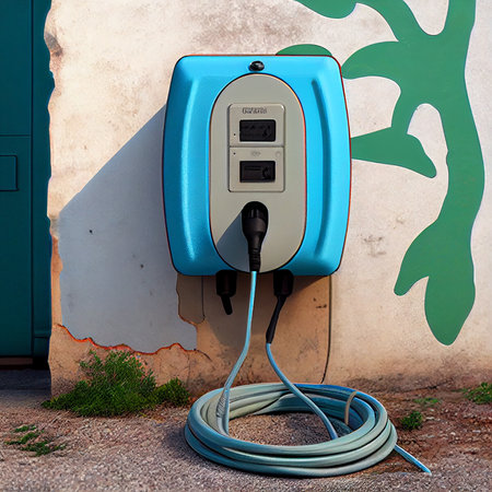 New charging station for electric car on wall at home, charging pillar with copy space, ai...