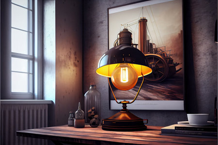 Loft style light bulbs lamp in loft interior. Warm light in cozy room. Ai generativeの写真素材