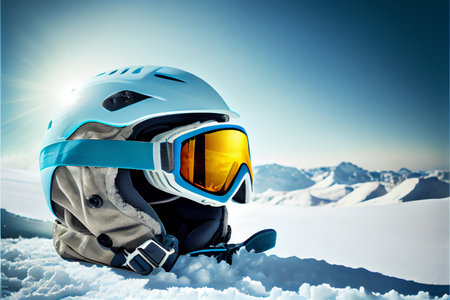 skier helmet with goggle on ski slope in alpine mountains. Ai generative