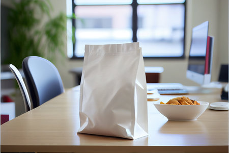 Online shopping food. Biodegradable bad in modern office. Take away concept. Ai generativeの写真素材