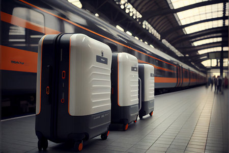 A group of suitcases on the platform of the railway station. Travel by high speed train. Ai generative.の写真素材