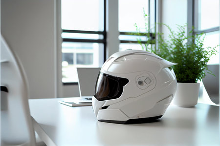 White, shiny motorcycle helmet on boss table in office. Big boys toys. Hobby. Ai generative