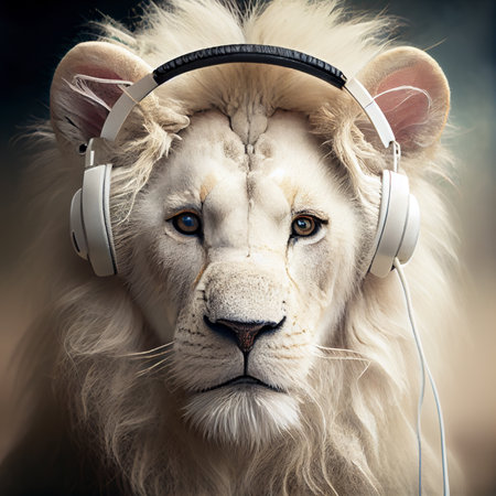 White lion wearing headphones with blue eyes, close up portrait, ai generativeの写真素材