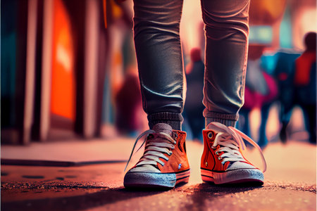 female legs in white sneakers and jeans on a footpath in urban street. Ai generativeの写真素材