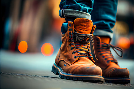 Trekking boots, mens sneakers stepping on a puddle. Waterproof sneakers on street. Ai generativeの写真素材
