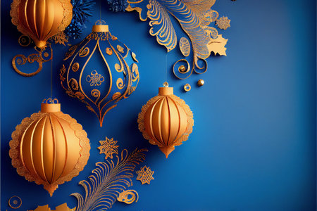 Modern Blue Christmas background with gold stars, balls, confetti. Elegant Christmas greeting card design, Happy New Year banner mockup. Ai generativeの写真素材