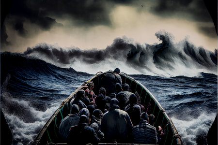 Refugees on an old boat in a stormy mediterranian sea, ai generativeの写真素材