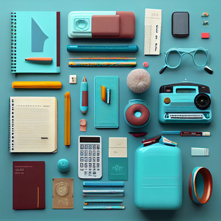 Back to school concept. Backpack with school supplies, pens, pencils, notebook on pastel background. Flat lay. Ai generativeの写真素材