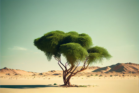 Life ecology solitude concept - lonely green tree in desert dunes. Ai generativeの写真素材