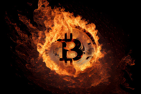 Three Golden Coins Bitcoin burning in a fiery flame on a dark background. Electronic money, the burning of crypto currency. Ai generativeの写真素材