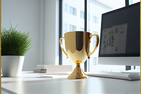 Golden trophy cup on wooden table in modern office. Ai generativeの写真素材