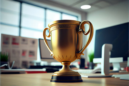 Golden trophy cup on wooden table in modern office. Ai generativeの写真素材