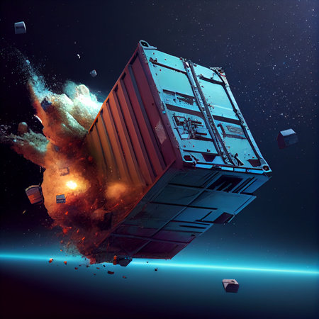 Cargo container falling down from space. Emergency situation. Disaster in space. Ai generative