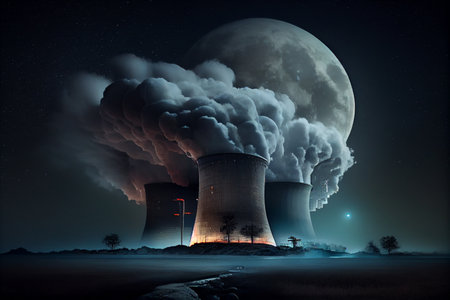 Large cooling towers of thermal power plants. White steam comes out of tower against blue sky....