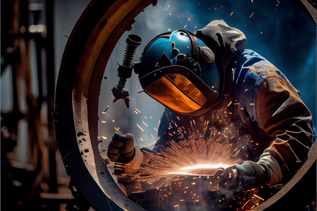 Skillful metal worker working with arc welding machine in factory while wearing safety equipment....