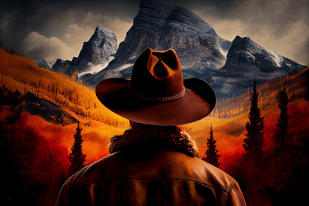 Cowboy in traditional hat looks at mountains in bright autumn colors. Fall landscape. Ai generativeの写真素材