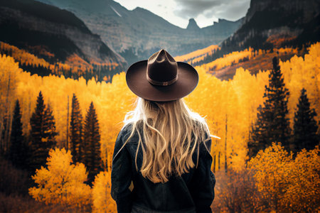 Cowgirl in traditional hat looks at mountains in bright autumn colors. Fall landscape. Ai generativeの写真素材
