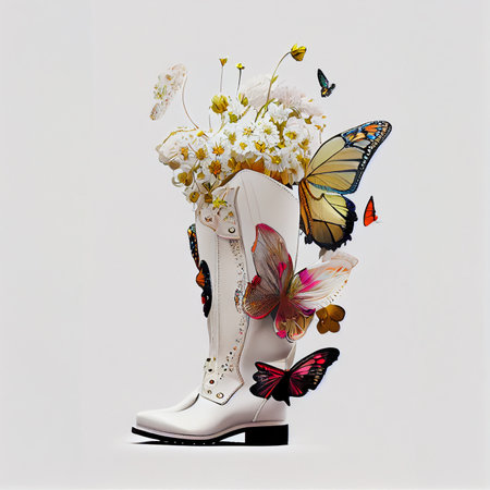 Design project of horse riding boots. Theme of nature, flowers, butterflies. Ai genartiveの写真素材