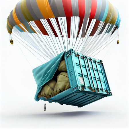 Cargo container transportation by parachute to deliver cargo delivery systen on sky. Ai generative