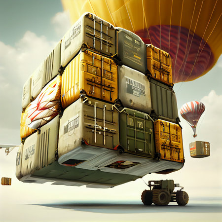 Cargo container transportation by parachute to deliver cargo delivery systen on sky. Ai generative