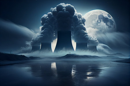 Large cooling towers of thermal power plants. White steam comes out of tower against blue sky....