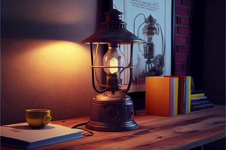 Vintage edison desk lamp in loft interior, ai generative
