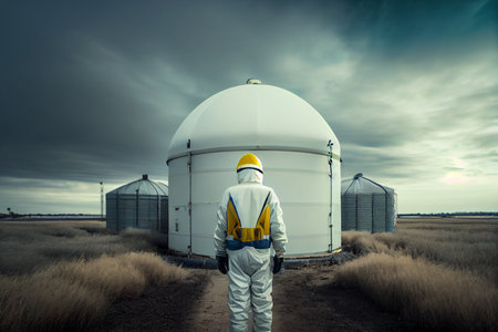 Man in chemical protective suit over oil and gas storage. Ai generativeの写真素材