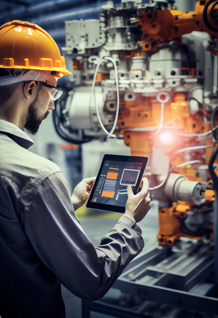 Industry 4.0 Robot concept .Engineers use tablet computer for machine maintenance, automation tools, robot arm at the factory. Ai generativeの写真素材