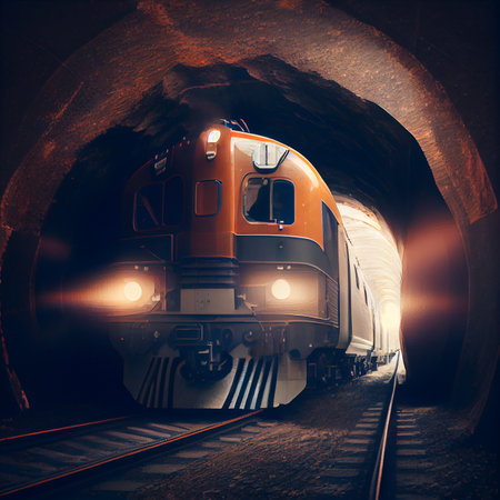 Mountain railroad with train in tunnel. Ai generative
