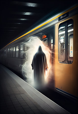 luminous Ghost in front of subway train. Horrors, nightmares, driving safety concept. Ai generative.