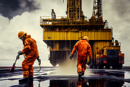 Hard work on an offshore oil rig. Men in protective uniforms in the oil and gas industry. Ai...