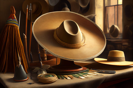 Mexican sombrero on the table in the hat workshop. Ai generativeの写真素材