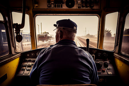 Train driver in the cab of a moving train. Ai generativeの素材 [FY310198243323]