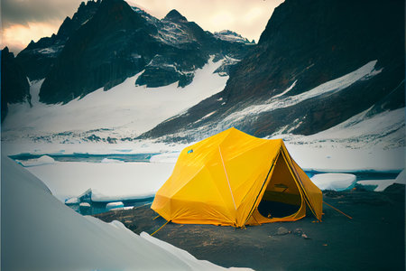 Illuminated yellow tent wild camping in the mountains under blue sky. Ai generativeの写真素材