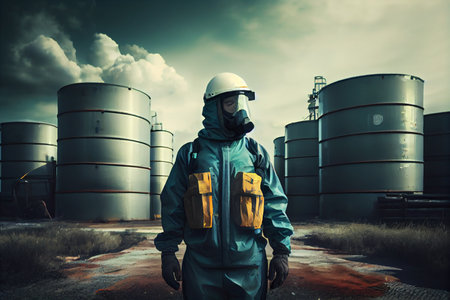 Man in chemical protective suit over factory with oil storage at petrochemical factory on background. Ai generative.の写真素材