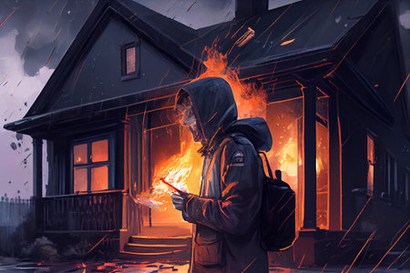 Dramatic silhouette of man in front of burning house. Ai generative