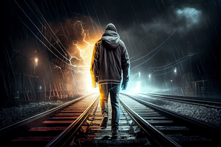 Young man walks along railroad tracks in the night alone. Ai generativeの写真素材