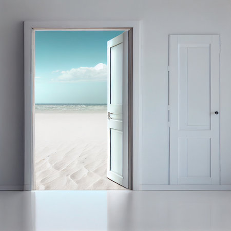 Open door on creative sea and desert background. Travel, opportunity and dream concept. Portal, virtual door. Ai generativeの写真素材
