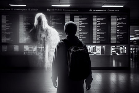 Ghost near the information board of the airport or train station. Ai generative