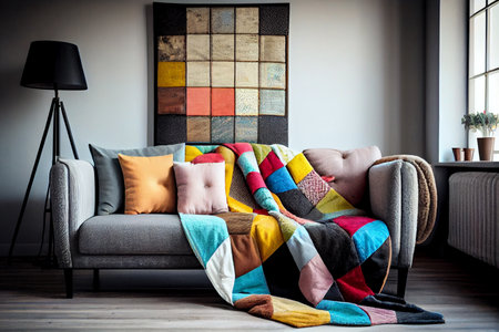 Interior of a living room with a sofa covered with patchwork pillows, ai generative