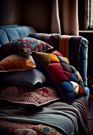 Interior of a living room with a sofa covered with patchwork pillows, ai generativeの写真素材