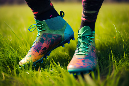 foot of a soccer player on green grass. Multicolor football boots. Ai generativeの写真素材