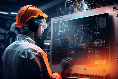 Industry 4.0 Robot concept .Engineers use tablet computer for machine maintenance, automation tools, robot arm at the factory. Ai generativeの写真素材
